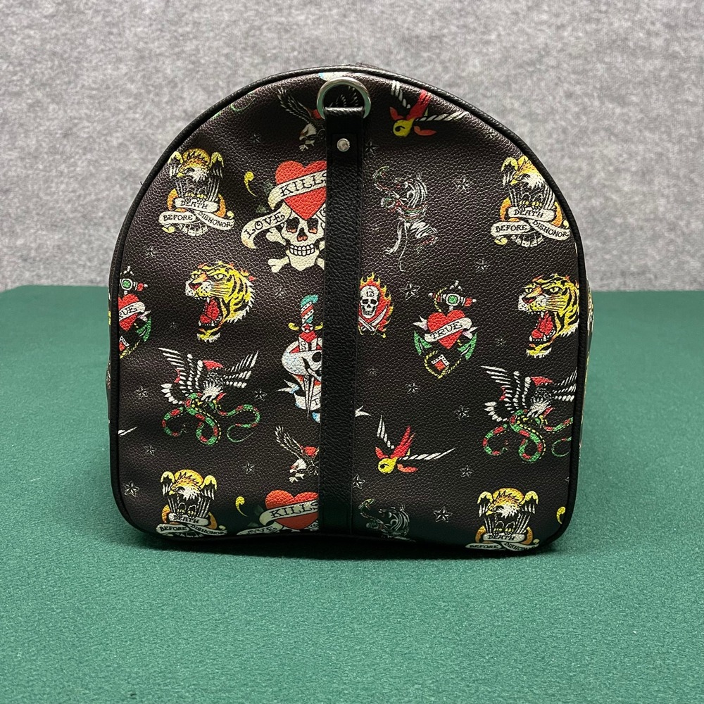 Ed Hardy Duffle Bag Black Tattoo Flash Print Vegan Leather Laptop Sleeve Travel - Picture 4 of 12